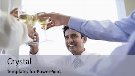  Presentation with restaurant toasting - Theme with wine business - happy young businessman with colleagues background and a light gray colored foreground