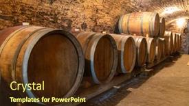  Presentation with barrels - Colorful slide set enhanced with wine-cellar-with-wooden-barrels backdrop and a tawny brown colored foreground