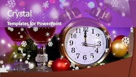  Presentation with alarm - PPT layouts with wine glasses retro alarm clock and christmas decoration on bright background background and a purple colored foreground