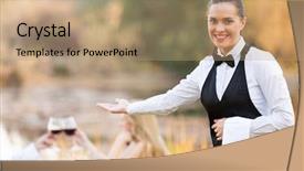  Presentation with customers - Beautiful slides featuring wine industry - pretty young waitress welcomes customers backdrop and a coral colored foreground