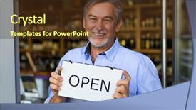  Presentation with wine shop and barrel - Amazing PPT theme having wine shop owner holding open backdrop and a tawny brown colored foreground
