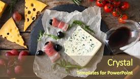  Presentation with snacks - PPT layouts having wine snacks and different various of cheese flat lay background and a tawny brown colored foreground
