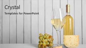  Presentation with wine cheese - Slide deck featuring wine with grape and cheese on wooden wall background background and a light gray colored foreground