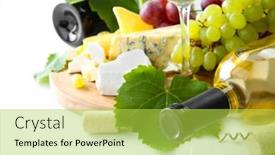  Presentation with wine cheese - Presentation consisting of wine with grapes and cheese isolated on white background and a yellow colored foreground