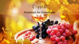  Presentation with plantation - PPT theme having wineglass and grape on wooden barrel on grape plantation background background and a gold colored foreground