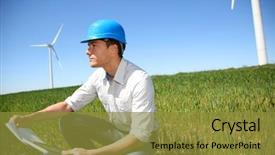  Presentation with turbine - Amazing presentation having wind engineering - engineer in wheat field checking backdrop and a gold colored foreground