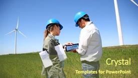  Presentation with turbine - Presentation theme featuring construction helmet - engineers looking at wind turbine background and a tawny brown colored foreground