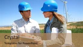  Presentation with turbine - Presentation theme having engineers using tablet on wind background and a coral colored foreground