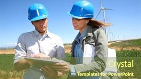  Presentation with turbine - Beautiful slide set featuring engineers using tablet on wind turbine site backdrop and a tawny brown colored foreground