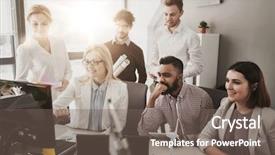  Presentation with green office - Colorful PPT theme enhanced with green renewable energy teamwork corporate and people concept - business team with computer and wind turbine at office backdrop and a gray colored foreground