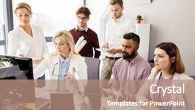  Presentation with green office - Amazing PPT theme having green renewable energy teamwork corporate and people concept - business team with computer and wind turbine at office backdrop and a coral colored foreground