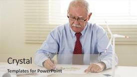  Presentation with wind turbines - PPT theme featuring excited young man pointing towards a cell phone isolated on white background background and a sky blue colored foreground