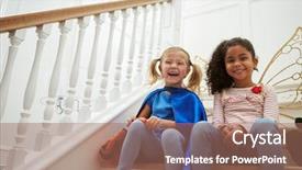  Presentation with hipster girl playing tetris game - Slides consisting of wing up people - two girls playing dressing up background and a  colored foreground
