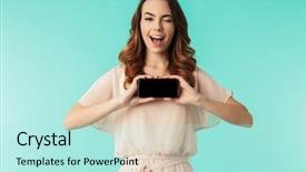  Presentation with mobile application - PPT theme enhanced with application software types - portrait of an excited young background and a arctic colored foreground