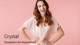  Presentation with girl in red dress - Slide set consisting of winking isolated over pink background and a lemonade colored foreground