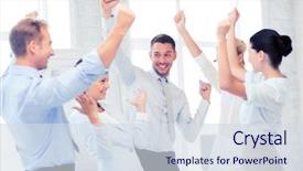  Presentation with victory team - Audience pleasing slides consisting of winner - picture of happy business team backdrop and a sky blue colored foreground