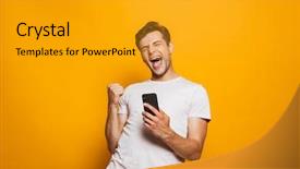  Presentation with man holding phone - Slide set enhanced with winner - portrait of a joyful young background and a gold colored foreground