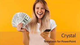  Presentation with mobile money - Theme enhanced with winner - portrait of an excited young background and a gold colored foreground
