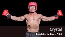  Presentation with boxer - PPT theme with winner boxer with arms outstretched against black background background and a wine colored foreground