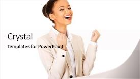  Presentation with women success - PPT theme featuring winner businesswoman celebrating success background and a  colored foreground