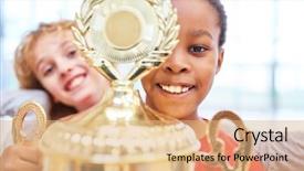  Presentation with winner cup - PPT theme having winner cup after a competition background and a coral colored foreground