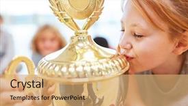  Presentation with winner cup - Colorful slide deck enhanced with winner cup at a school backdrop and a coral colored foreground