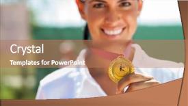  Presentation with winner - Cool new PPT layouts with medals - winner female tennis player backdrop and a coral colored foreground