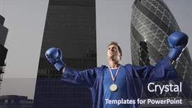  Presentation with gold medal - Audience pleasing slides consisting of winner sport - male boxer wearing gold medal backdrop and a navy blue colored foreground