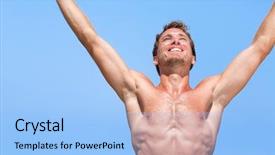  Presentation with fitness goal - PPT layouts having winner topless man with arms up of success under the summer sun young fitness athlete on beach with chest excited winning goal challenge healthy fit body concept background and a light blue colored foreground