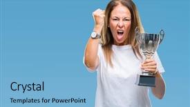  Presentation with trophy award hand holding - Amazing slide deck having awards celebration - middle age hispanic winner woman backdrop and a light blue colored foreground