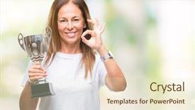  Presentation with award winner - Presentation having hispanic winner woman celebrating award background and a cream colored foreground