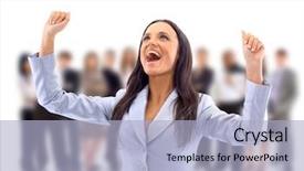  Presentation with blank whiteboard isolated on white - Colorful PPT theme enhanced with winners celebration - young businesswoman isolated on white backdrop and a light blue colored foreground