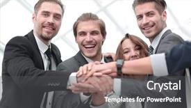  Presentation with victory team - Cool new PPT layouts with winners circle - happy business team celebrating victory backdrop and a  colored foreground