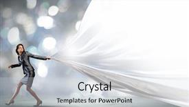  Presentation with white blank notebook silver - Presentation enhanced with winning business - young pretty businesswoman pulling white background and a light gray colored foreground