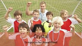  Presentation with football coach - Audience pleasing PPT layouts consisting of winning junior football team portrait backdrop and a coral colored foreground