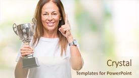  Presentation with award winning - PPT theme consisting of winning mind - middle age hispanic winner woman background and a cream colored foreground
