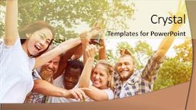  Presentation with team building - Audience pleasing PPT layouts consisting of winning team cheering with cup backdrop and a blonde colored foreground