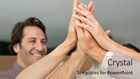  Presentation with winning - Audience pleasing presentation theme consisting of winning teams - group of multiethnic businesspeople giving backdrop and a coral colored foreground