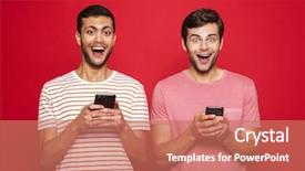  Presentation with two men on a judo - Colorful presentation theme enhanced with winning together - two cheerful men friends standing backdrop and a coral colored foreground