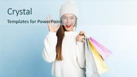  Presentation with winter blue - Amazing PPT theme having winter - happy young woman wearing sweater backdrop and a sky blue colored foreground
