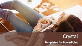  Presentation with tea cup - Slides with winter - young woman relaxing on sofa background and a tawny brown colored foreground