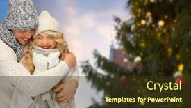  Presentation with town hall - Audience pleasing presentation theme consisting of winter and holidays concept - happy couple in hats and scarves hugging over christmas tree at tallinn old town hall square background backdrop and a tawny brown colored foreground
