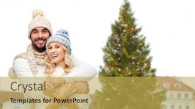  Presentation with town hall - Slide deck featuring winter and holidays concept - happy couple in hats hugging over christmas tree at tallinn old town hall square background background and a yellow colored foreground