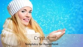  Presentation with cosmetics beauty - Theme with winter beauty cosmetics beautiful blonde girl wearing white woolen clothes holding snow in her palms and smiling winter fashion concept background and a coral colored foreground