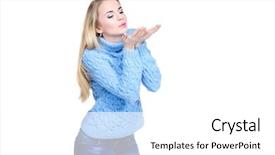  Presentation with cosmetics beauty - Presentation theme with winter beauty cosmetics beautiful blonde girl wearing woolen clothes blowing on a snow in her palms and smiling winter fashion concept isolated over white background and a white colored foreground