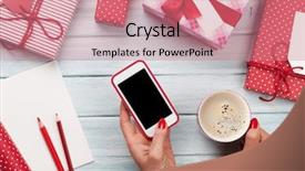  Presentation with outer space christmas - Audience pleasing PPT theme consisting of winter blue - female holding smartphone and wrapping backdrop and a coral colored foreground