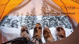  Presentation with camping snow - Beautiful PPT theme featuring winter camping on snow backdrop and a gold colored foreground