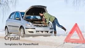  Presentation with tyre elevator motor car - PPT layouts featuring winter car breakdown - woman try background and a soft green colored foreground