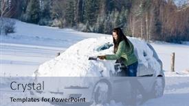  Presentation with windshield - Theme with winter car - woman remove snow from windshield with snow brush background and a light blue colored foreground