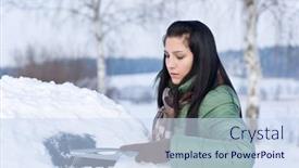  Presentation with windshield - Amazing PPT layouts having winter car - woman remove snow from windshield with snow brush backdrop and a sky blue colored foreground